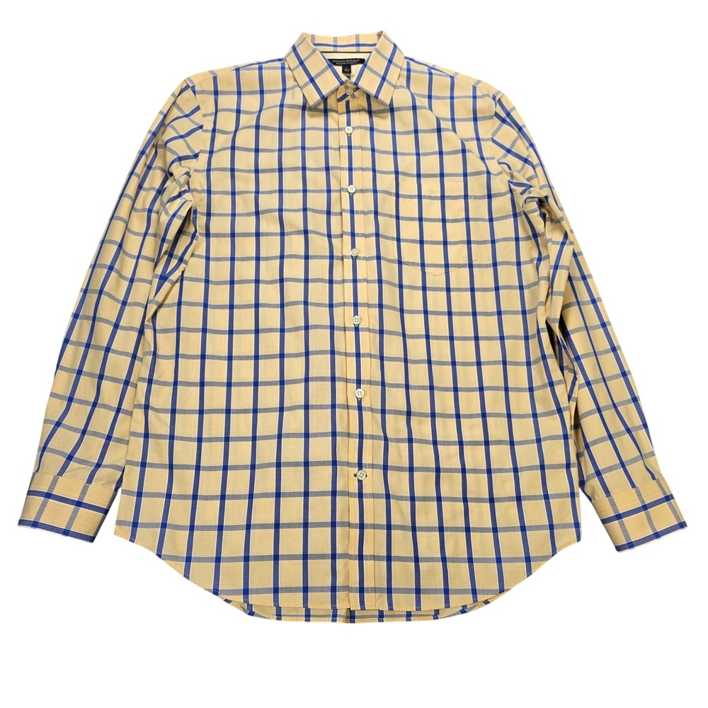 Banana Republic Plaid Classic Fit Shirt Men's Size L Yellow Blue Non-Iron Cotton